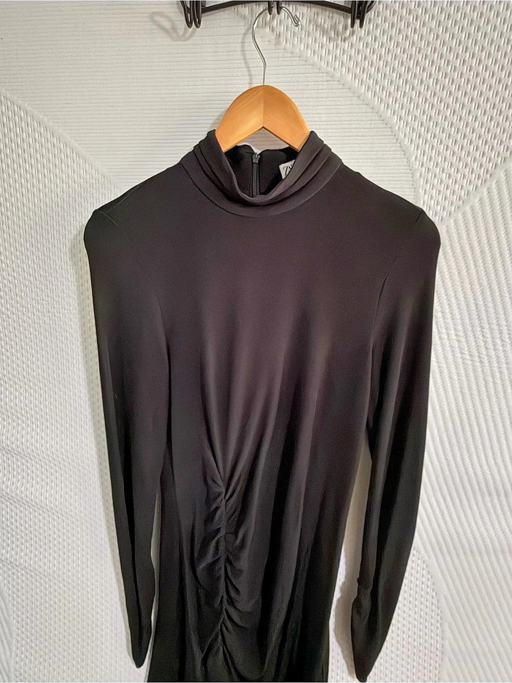 Zara Mock Neck Long Sleeve Ruched Midi Dress Black Medium